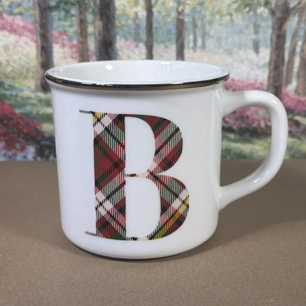 Pottery Barn Stewart Plaid Letter B Alphabet Stoneware Mug 14 oz.